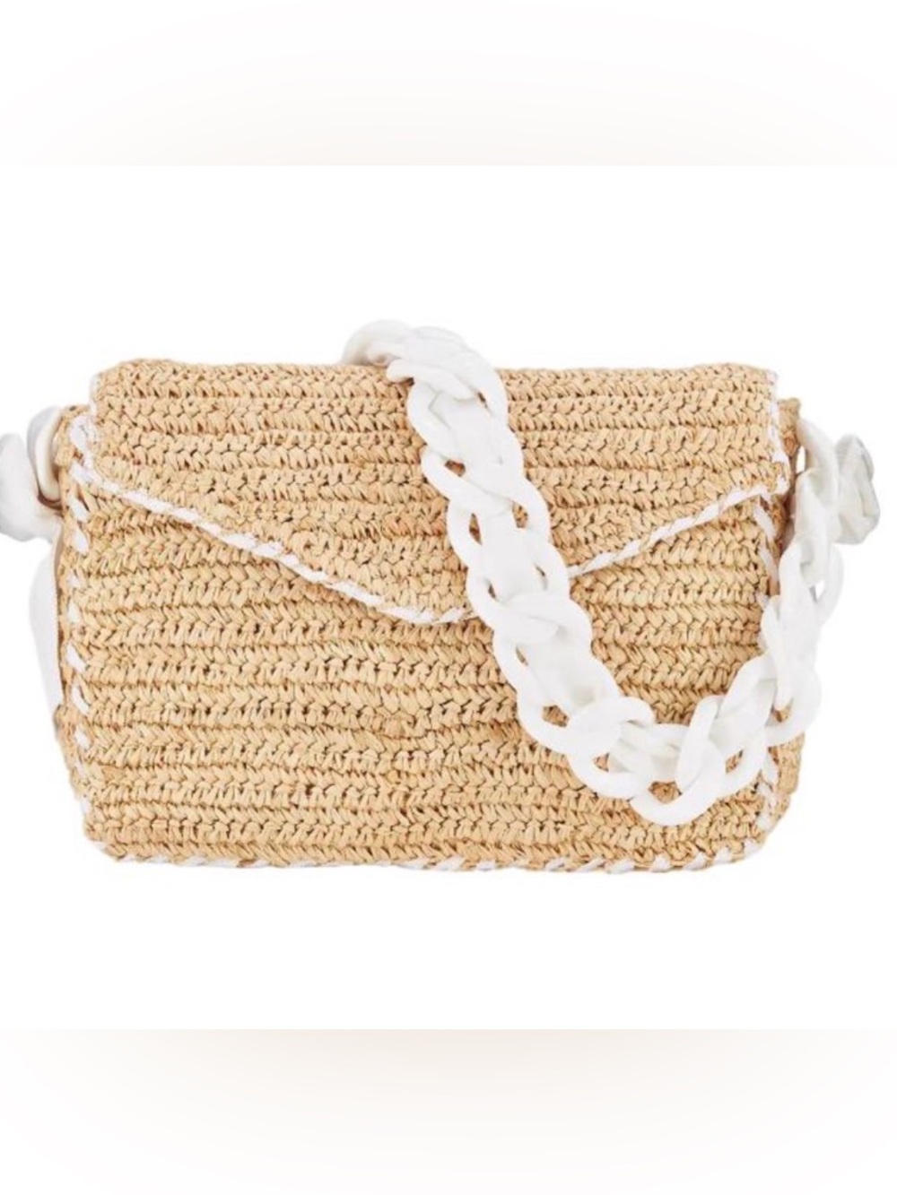 Pamela Munson Woven Straw Clutch with White Resin Chain Strap